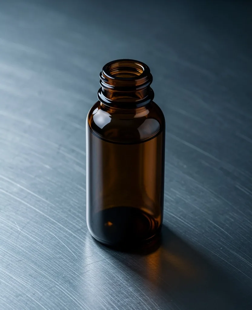 Amber glass supplement bottle on a brushed steel laboratory surface
