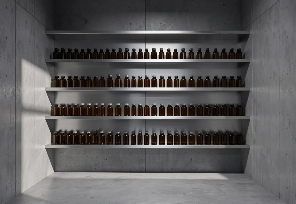 Minimalist architectural interior of a supplement lab with amber glass bottles on steel shelving