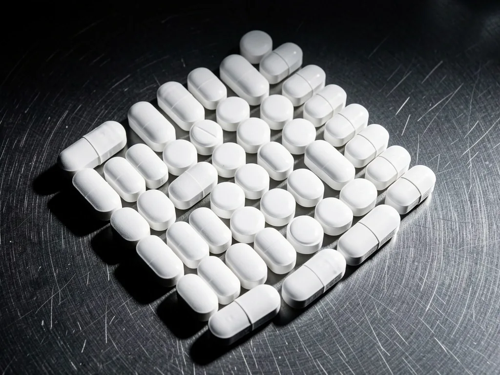 Supplement capsules arranged on steel surface
