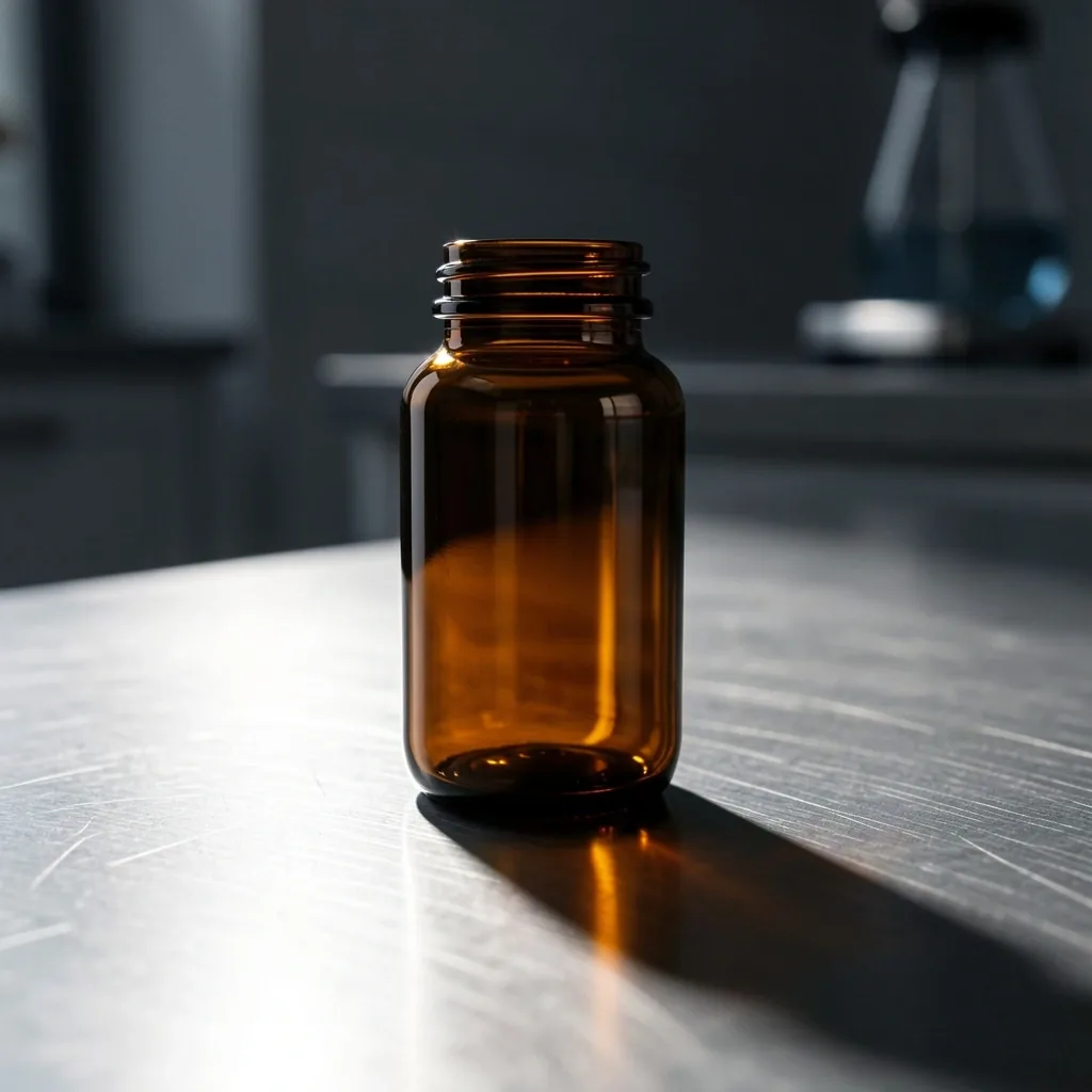 Natural supplement bottle on a laboratory surface
