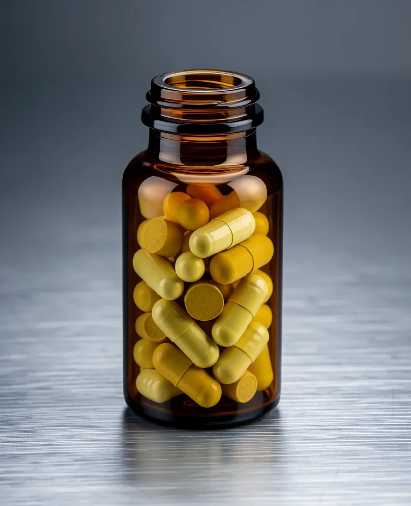Amber glass bottle of natural men's supplement capsules on steel surface