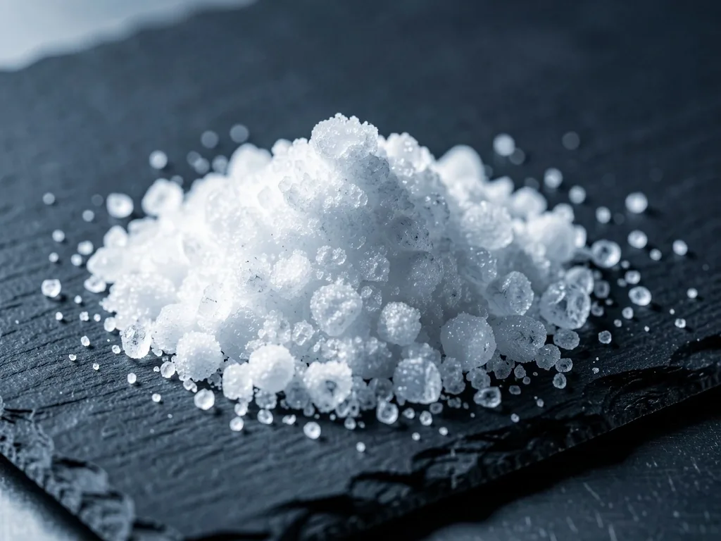 Crystalline supplement powder macro on dark surface