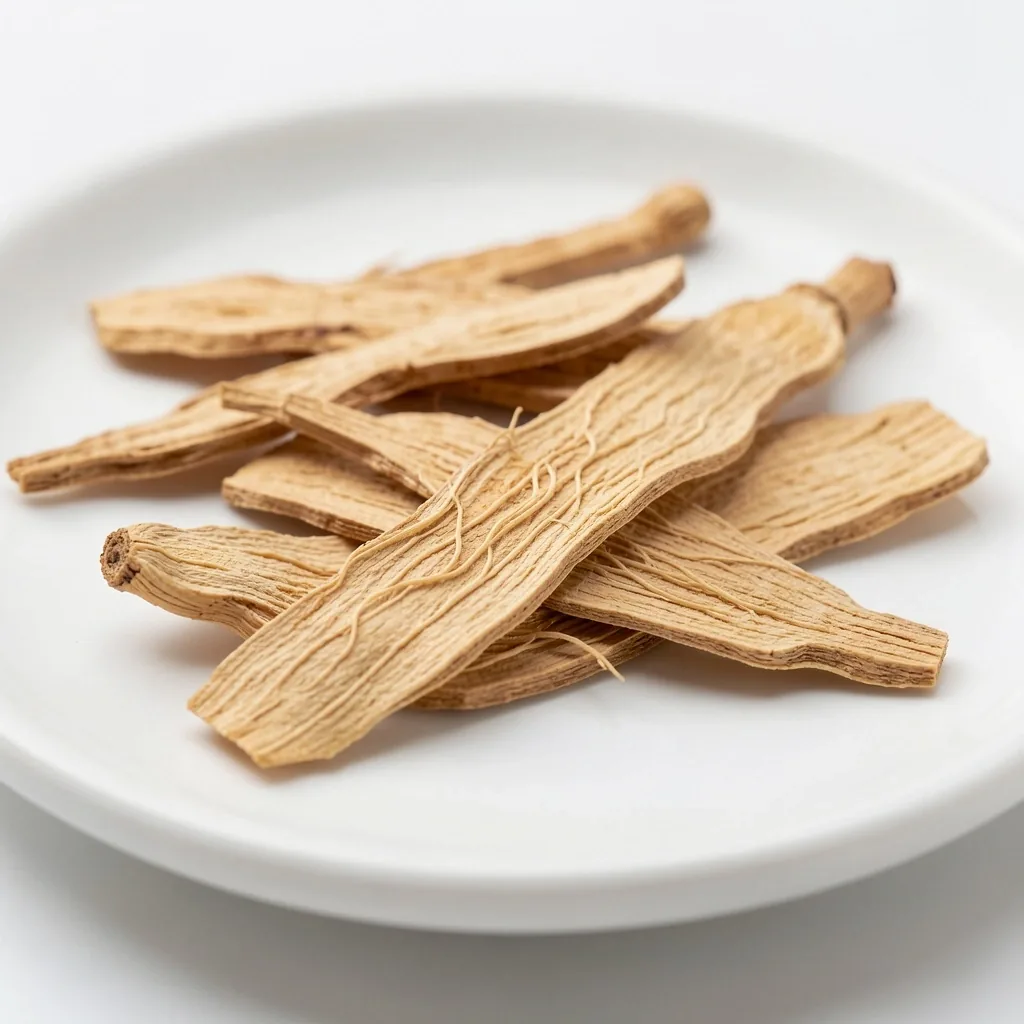 Dried ginseng root slices on white surface