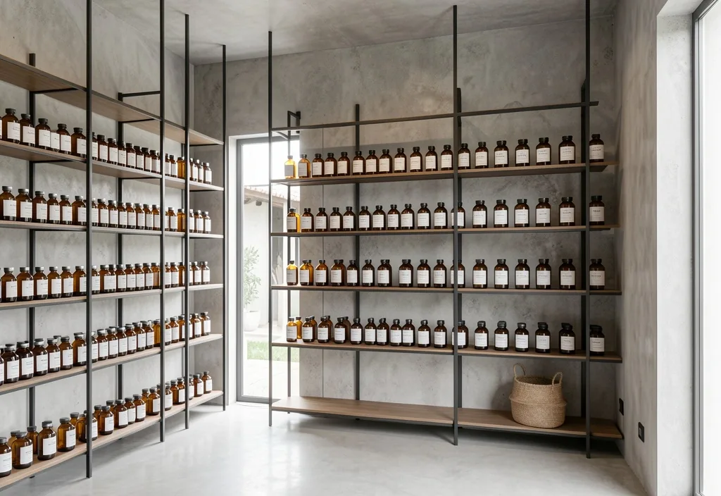 Minimalist wellness store interior with steel shelving and amber bottles