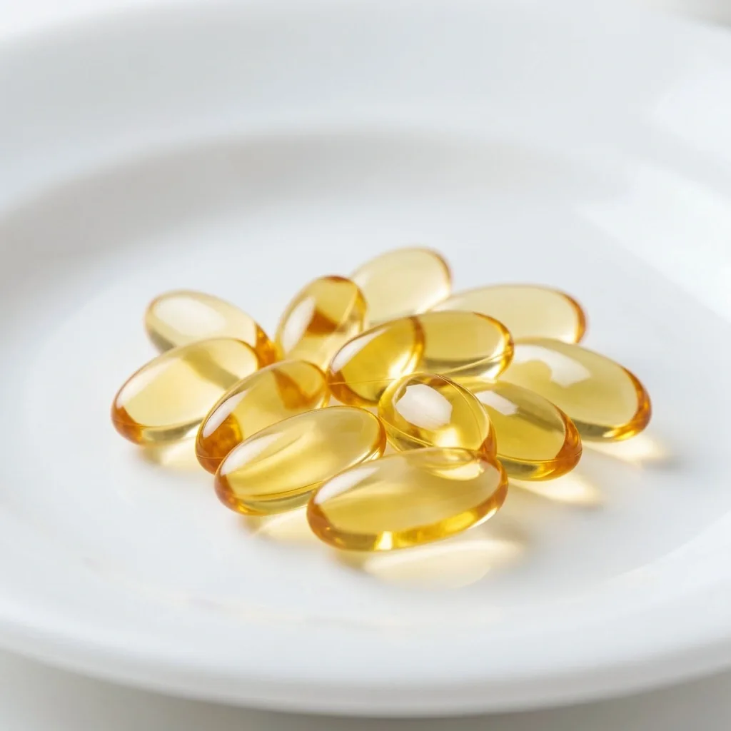 Omega-3 capsules on white porcelain surface