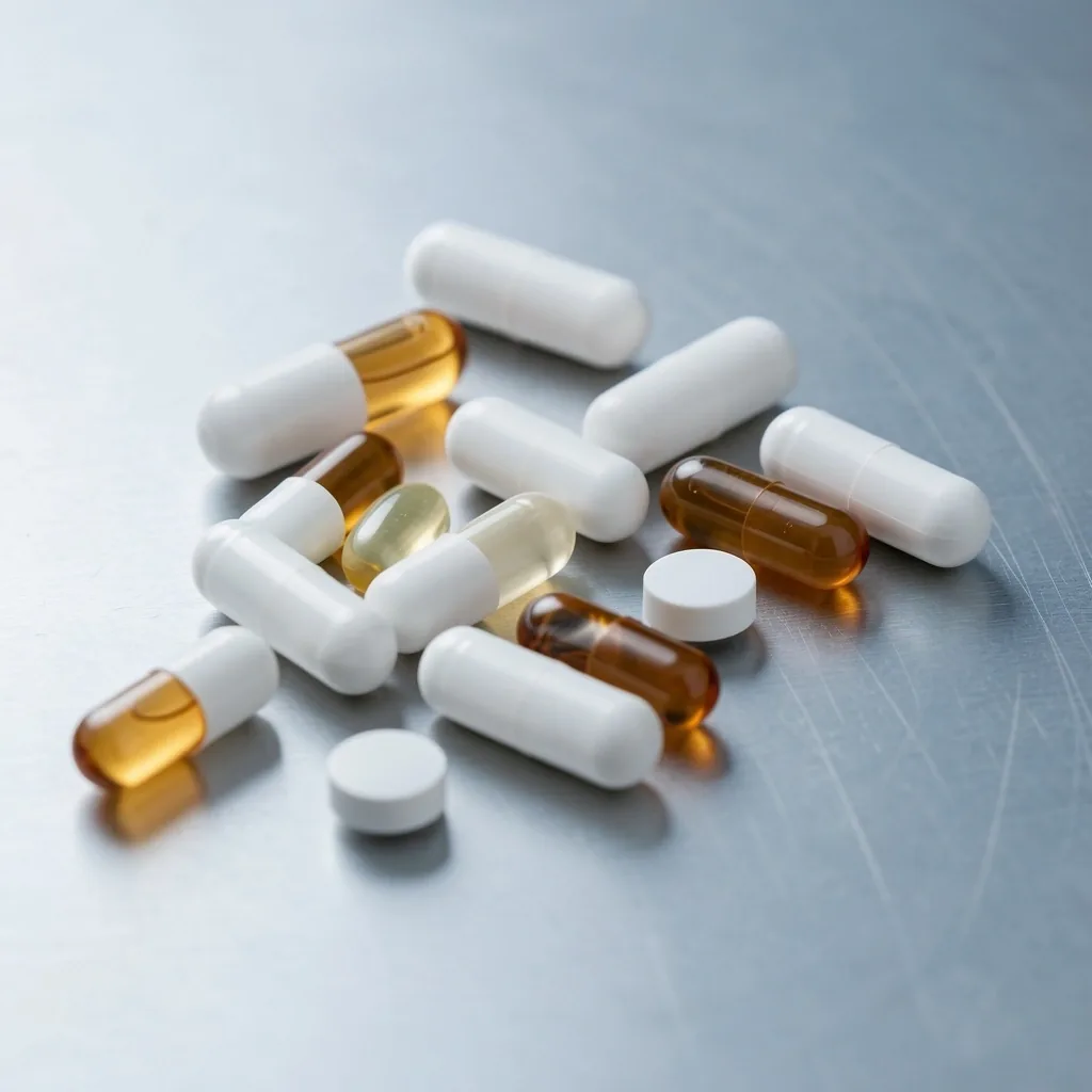 Assorted vitamin capsules on steel surface