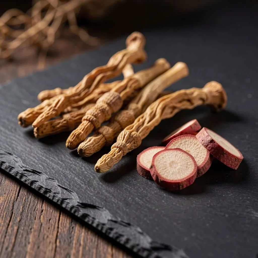 Cordyceps and Rhodiola root on slate plate