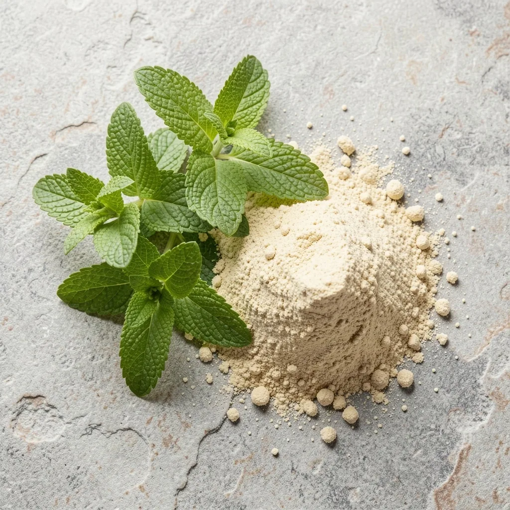Lemon balm leaves and L-Theanine powder on ceramic tray