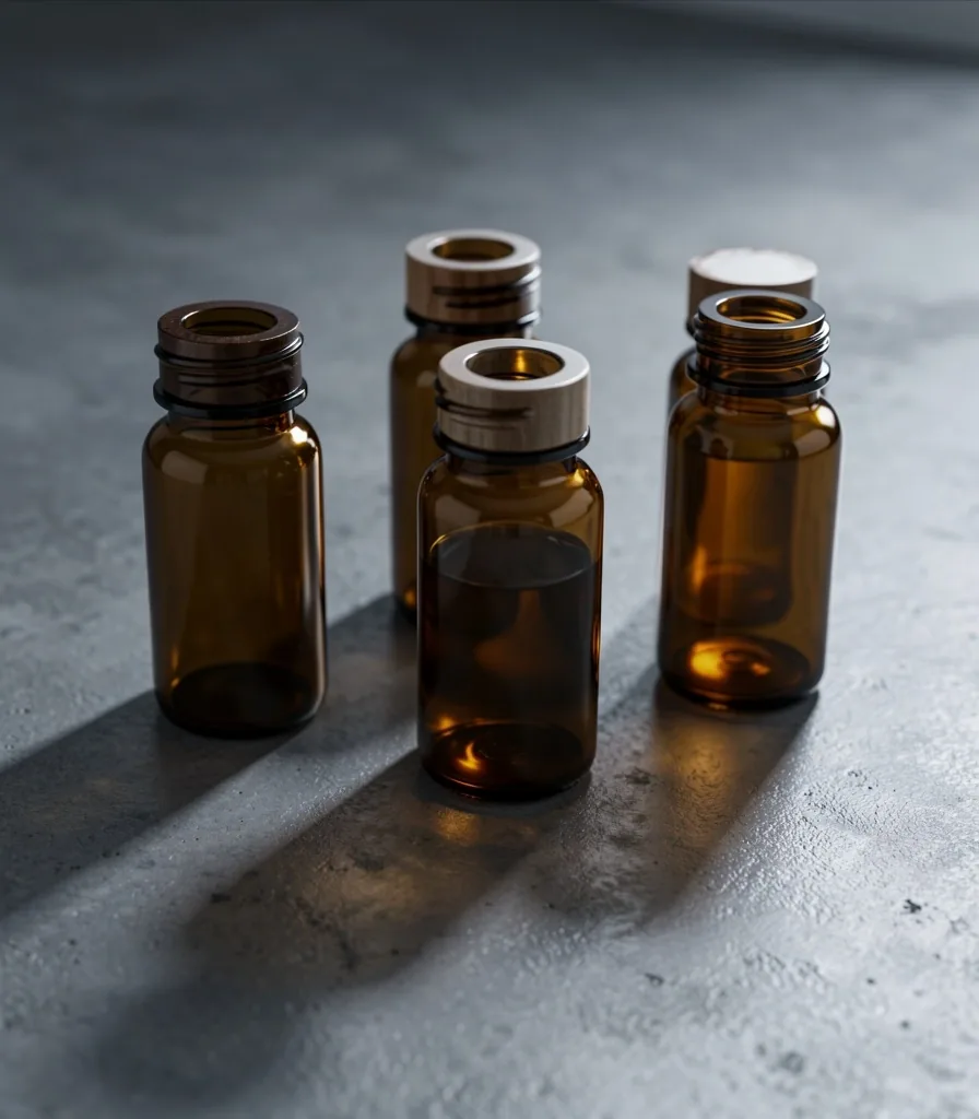 Amber supplement bottles on concrete surface